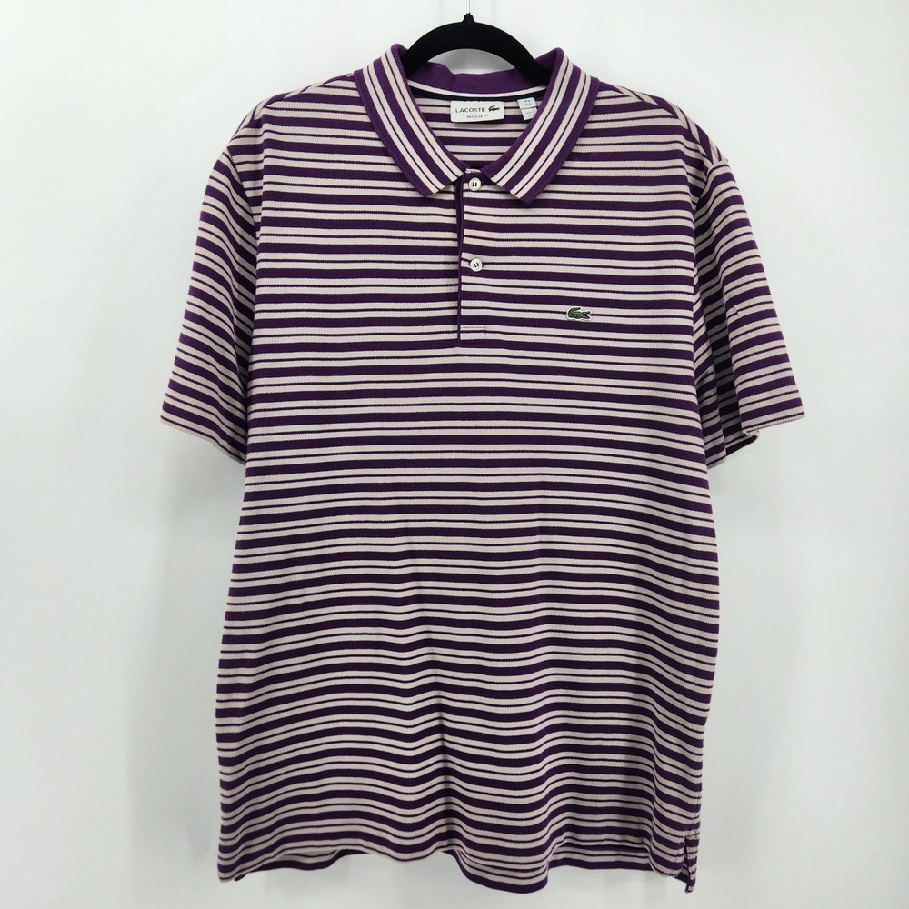 Lacoste‎ Mens Purple Striped Cotton Polo Shirt Short Sleeve Casual Top XL